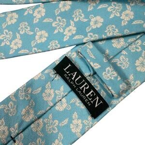 Ralph Lauren Pastel Blue Floral Mens Neck Tie Cotton Silk Blend White Flowers